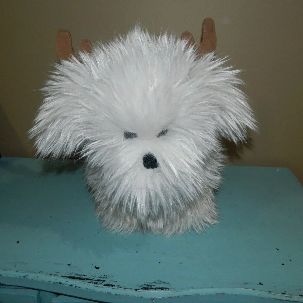 Pottery Barn Luxe Faux Fur Dog w/ Antlers Shaped Pillow Christmas